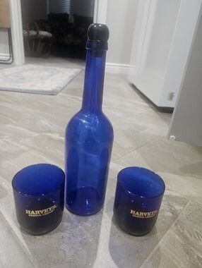 Harvey's Bristol Cream Blue Glass Bottle and Double Rocks Glasses Set